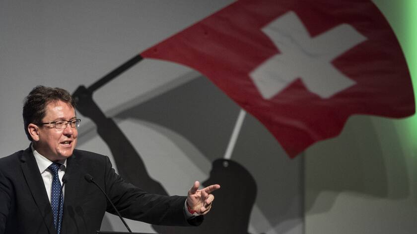 Parteipraesident Albert Roesti spricht an der Delegiertenversammlung der SVP Schweiz am Samtag, 22. August 2020 in Brugg Windisch. (KEYSTONE/Ennio Leanza)