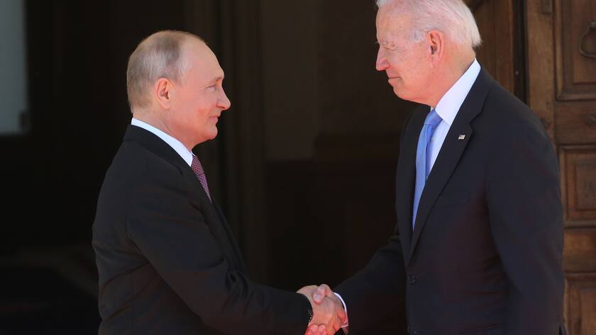 GENEVA, SWITZERLAND - JUNE 16: (RUSSIA OUT) Russian President Vladimir Putin (L) greets US President Joe Biden (R) during the US - Russia Summit 2021 at the La Grange Villa near the Geneva Lake, on June 16, 2021 in Geneva, Switzerland. U.S.President Joe Biden is meeting Russian President Putin in Geneva for the first time as presidents, on Wednesday. (Photo by Mikhail Svetlov/Getty Images)
