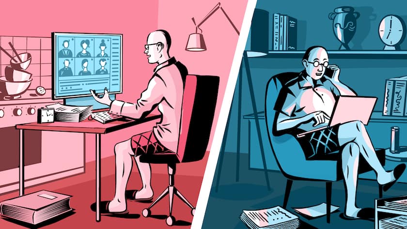 Ein Mann arbetiet am Tag und in der Nacht