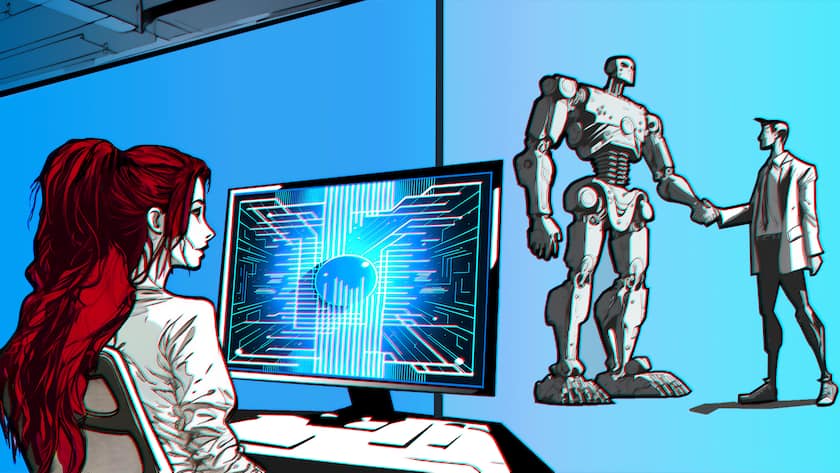 Illustration einer Frau am Computer. Im Hintergrund ein Roboter, der einem Menschen die Hand gibt.