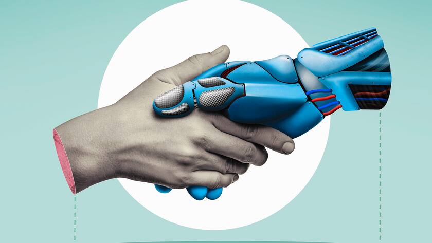 Handshake of man and robot. Modern technologies. Art collage.