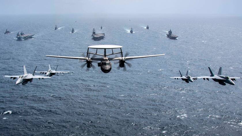 Ships and aircraft from the , Royal Australian Navy, Japan Maritime Self-Defense Force JMSDF, and U.K. Royal Navy, led by Nimitz-class aircraft carrier USS Carl Vinson CVN 70