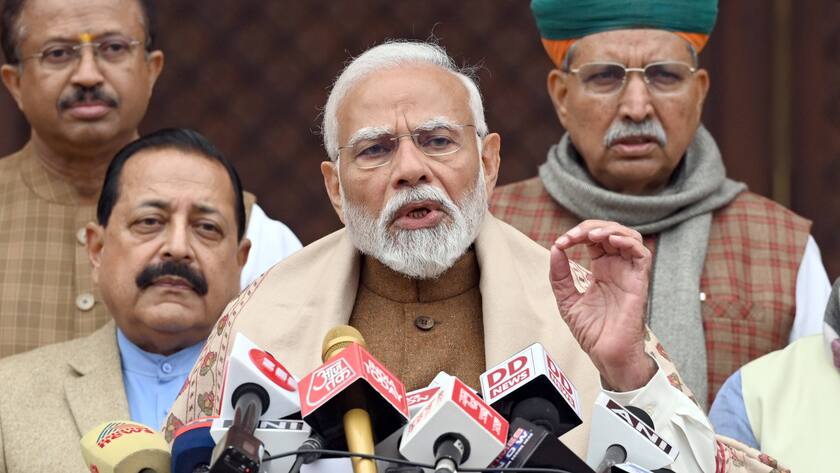 NEW DELHI, INDIA - JANUARY 31: Prime Minister Narendra Modi along with Union Ministers Arjun Ram Meghwal, Jitendra Singh and V. Muraleedharan addresses the media on the first day of the Budget session of Parliament on January 31, 2024 in New Delhi, India. Photo by Sanjeev Verma/Hindustan Times Budget Session Of Indian Parliament PUBLICATIONxNOTxINxIND