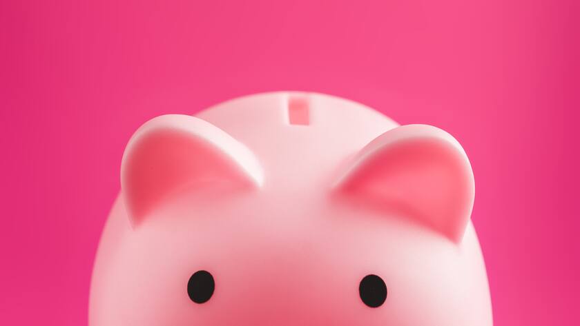 Piggy Bank pig pink on solid background with hard light, minimal style