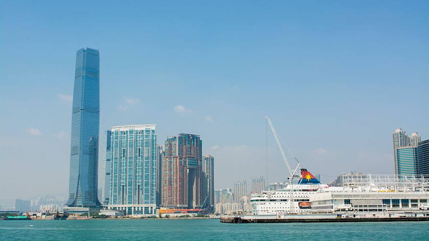 Hong Kong China Kowloon new International Commerce Center in Kowloon the 9th Tallest Building in the world with cruise ship. (Photo by: Education Images/Universal Images Group via Getty Images)