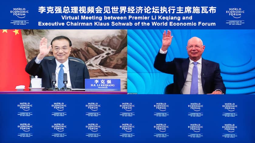 220719 -- BEIJING, July 19, 2022 -- Chinese Premier Li Keqiang meets with Klaus Schwab, executive chairman of the World Economic Forum WEF, via video link at the Great Hall of the People in Beijing, capital of China, July 19, 2022. CHINA-BEIJING-LI KEQIANG-WEF-VIRTUAL MEETING CN ZhaixJianlan PUBLICATIONxNOTxINxCHN