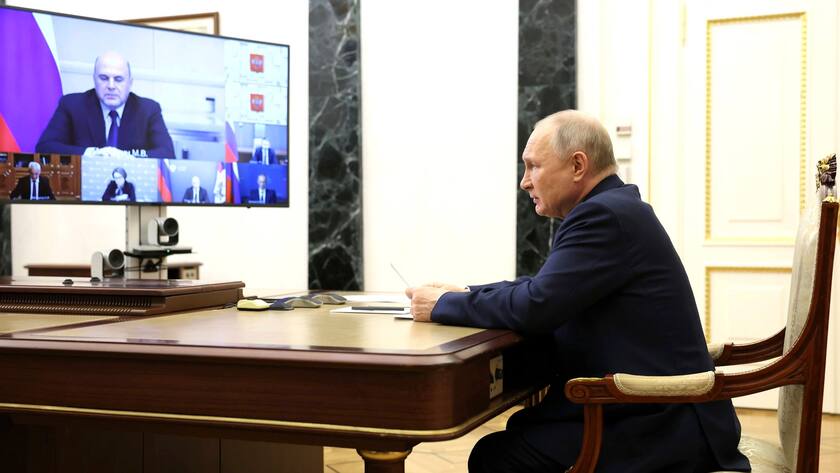 February 12, 2024, Moscow, Moscow Oblast, Russia: Russian President Vladimir Putin chairs a video meeting on the economy with Prime Minister Mikhail Mishustin and government officials from the Kremlin, February 12, 2024 in Moscow, Russia. Moscow Russia - ZUMAp138 20240212_zaa_p138_006 Copyright: xAlexanderxKazakov/KremlinxPoolx
