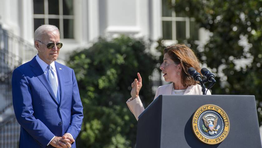 Secretary of Commerce Gina Raimondo speaks as .President Joe Biden looks on during a ceremony before the signing of H.R. 4346, The CHIPS and Science Act of 2022, which will subsidize domestic semiconductor manufacturing an invest billions in science and technology innovation, on the South Lawn of the White House in Washington, DC on Tuesday, August 9, 2022. PUBLICATIONxINxGERxSUIxAUTxHUNxONLY WAP20220809305 BONNIExCASH