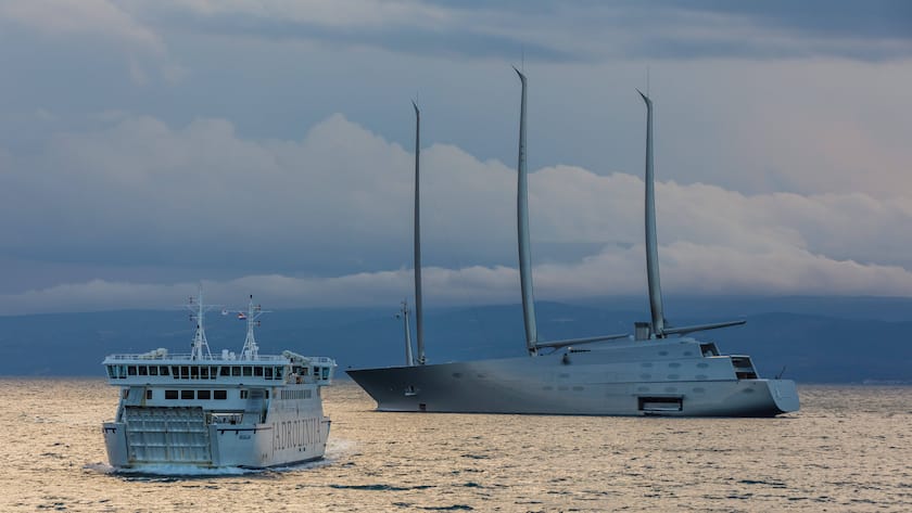 PXL_One of the largest yachts in the world in Split A view of the largest and most expensive yacht in the world Sailing Yacht A in Split, Croatia on Nov. 14, 2021. Sailing Yacht A is a sailing yacht launched in 2015. The vessel is a sail-assisted motor yacht designed by Philippe Starck and built by Nobiskrug in Kiel, Germany for the Russian billionaire Andrey Melnichenko. ZvonimirxBarisin/PIXSELL