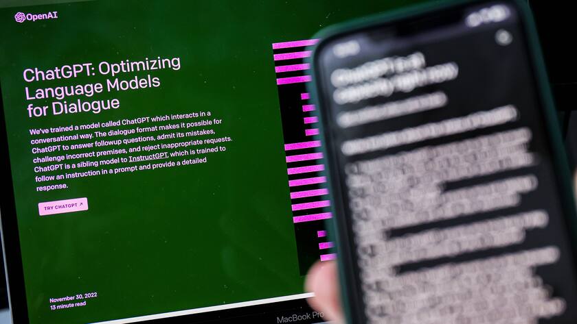 PXL_ChatGPT Laptop and smartphone screen is pictured with ChatGPT, an advanced and free artificial intelligence program. A tool that today has some more advanced possibilities so that we could talk to it like a person with a person and answer all the questions asked. The company OpenAI, co-founded in 2015 with investors from Silicon Valley including Elon Musk and Sam Altman, presented ChatGPT. LukaxStanzl/PIXSELL