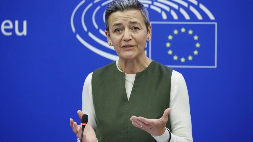 epa10578489 Executive Vice-President and European Commissioner for Competition Margrethe Vestager holds a press conference on 'digital education and skills' at the European Parliament in Strasbourg, France, 18 April 2023. The session of the European Parliament runs from 17 till 20 April. EPA/JULIEN WARNAND
