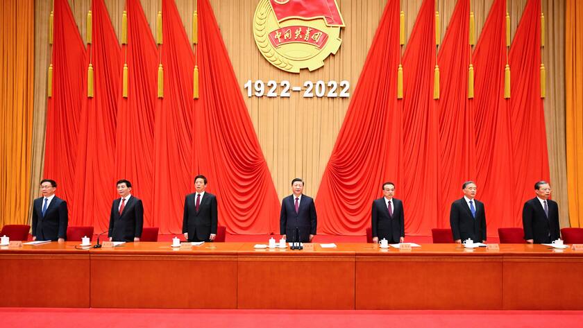 News Bilder des Tages 220510 -- BEIJING, May 10, 2022 -- Xi Jinping, Li Keqiang, Li Zhanshu, Wang Yang, Wang Huning, Zhao Leji and Han Zheng attend a ceremony marking the 100th anniversary of the founding of the Communist Youth League of China CYLC at the Great Hall of the People in Beijing, capital of China, May 10, 2022. CHINA-BEIJING-CYLC-100TH ANNIVERSARY-CEREMONY CN LixXueren PUBLICATIONxNOTxINxCHN