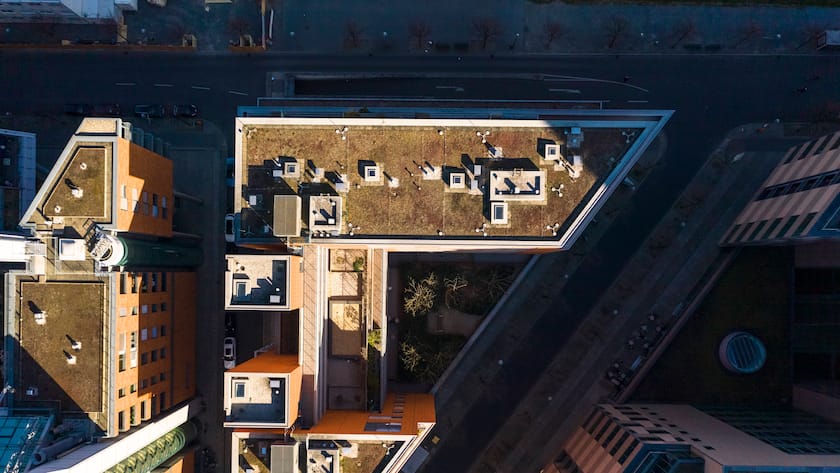 Germany, Berlin, Aerial view of roof of modern office building TAMF02380