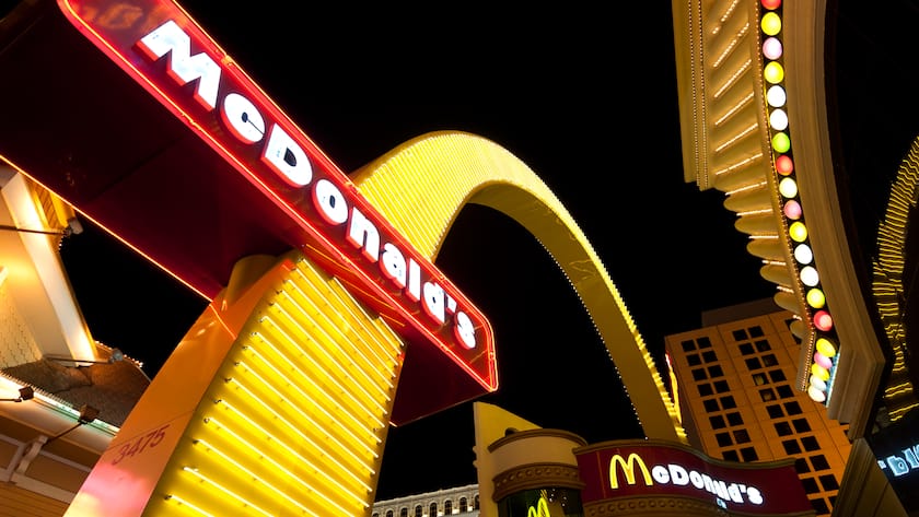 "Las Vegas, Nevada, USA - August 17, 2011: McDonald's restaurant and marquee neon sign on the Strip in Las Vegas. McDonald's currently has over 33,000 restaurants in 119 countries around the world."