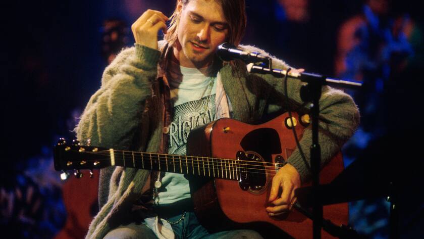 Kurt Cobain of Nirvana during the taping of MTV Unplugged at Sony Studios in New York City, 11/18/93. Photo by Frank Micelotta. *** Special Rates Apply *** Call for Rates ***