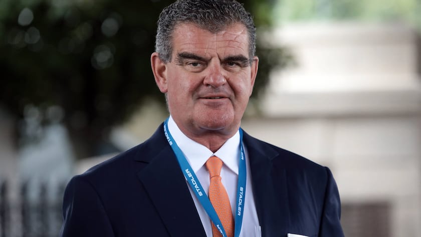 KYIV, UKRAINE - AUGUST 26, 2021 - President of the Board of Directors of Stadler Rail Group, CEO a.i. Peter Spuhler is pictured during the presentation of a Stadler FLIRT EMU at the Central Railway Station as the train undergoes testing prior to possible procurement under the City Express high-quality suburban train project, Kyiv, capital of Ukraine. Stadler FLIRT EMU in Kyiv Copyright: xHennadiixMinchenkox