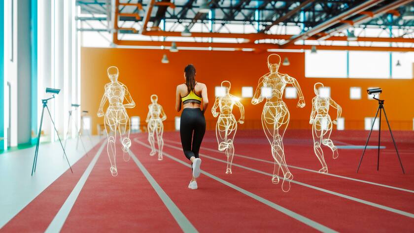 Indoor training with Ai assisted athletes. 3D generated image. Indoor arena is generic, custom modeled and not a real location.