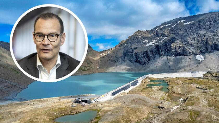 Muttsee-Staumauer: Die Axpo hat zusammen mit IWB und Denner die grösste alpine Solaranlage der Schweiz auf 2500 Meter Höhe realisiert. Im Bild der Beginn der Arbeiten mit ersten Solarpaneelen.