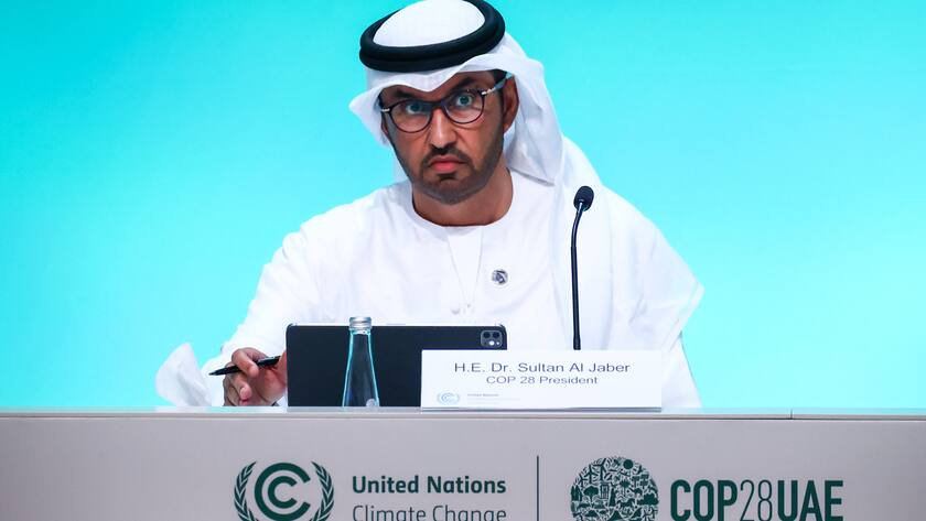 COP 28 president SULTAN AHMED AL JABER speaks during a press conference at the 28th Conference of the Parties to the United Nations Framework Convention on Climate Change, which takes place on 30 November until 12 December 2023 in Expo City.