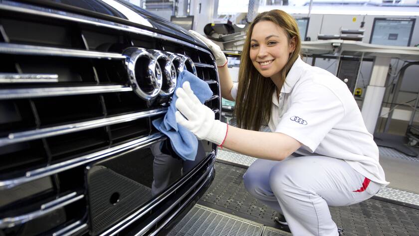 Neckarsulm, Germany - May 22, 2015: Audi Automobile Production at the Factory in Neckarsulm Audi Automobile Production in GermanyNeckarsulm Germany May 22 2015 Audi Automobiles Production AT The Factory in Neckarsulm Audi Automobiles Production in Germany