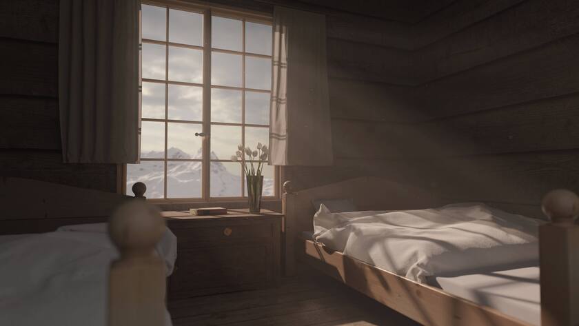 3D Rendering of Wooden Bedroom of a Chalet with Light Rays St Window *** 3D Rendering of Wooden Bedroom of a Chalet with Light Rays St Window 1103400837