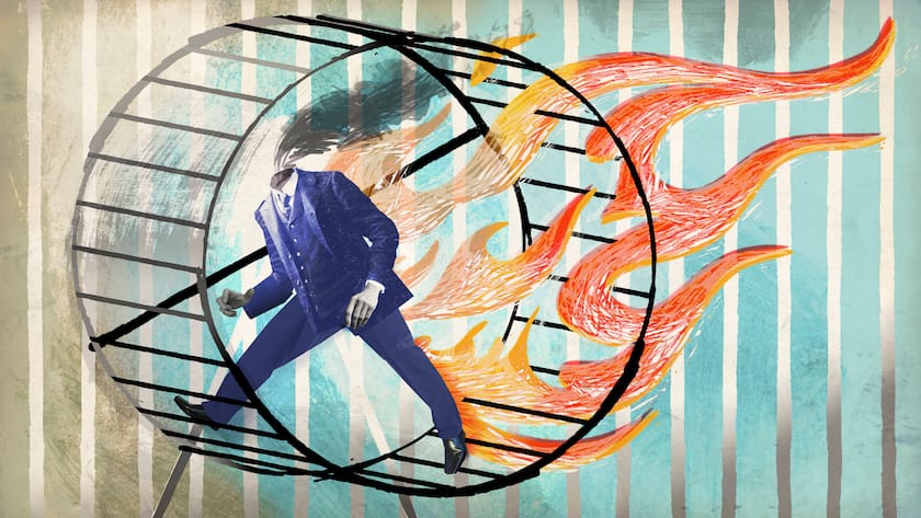 Kopfloser Geschäftsmann verbrennt im Laufrad *** Headless businessman burns in the wheel PUBLICATIONxINxGERxSUIxAUTxONLY Copyright: xJonathanxMcHughx 11390150