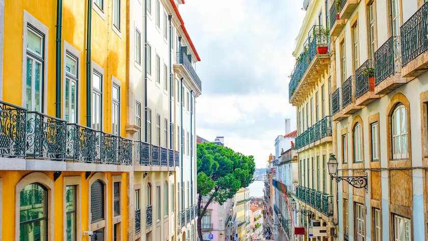 Cityscape downhill street Lisbon Portugal