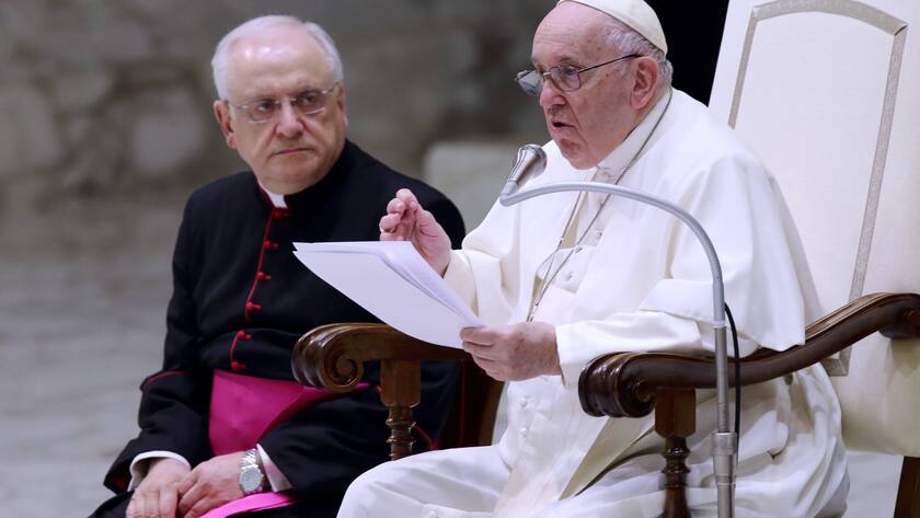 November 28, 2022 - POPE FRANCIS during the audience to the participants of Education for Peace and Care community in the Paul VI hall at the Vatican. EvandroInetti_via ZUMA Wire Vatican City State - ZUMAi15_ 20221128_zaf_i15_024 Copyright: xEvandroxInettix