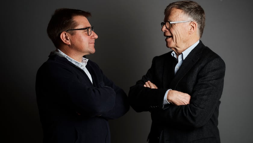 Verleger Peter Wanner,rechts, und Toni Brunner, links, aufgenommen am Donnerstag, 13. Januar 2021 in Ebnat-Kappel.