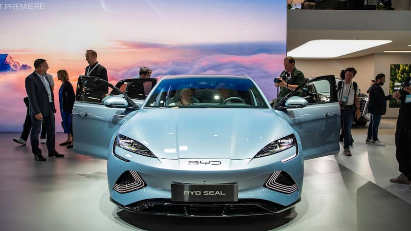 230905 -- MUNICH, Sept. 5, 2023 -- This photo taken on Sept. 4, 2023 shows a BYD Seal electric car during the press preview of the 2023 International Motor Show IAA in Munich, Germany. Xinhua Headlines: China, Europe see burgeoning potential for EV industrial cooperation ZhangxFan PUBLICATIONxNOTxINxCHN