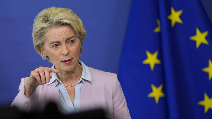 European Commission President Ursula von der Leyen speaks during a media conference at EU headquarters in Brussels, Wednesday, Sept. 7, 2022. European Union countries should set a price cap on Russian gas and seek "solidarity contribution" from European oil and gas companies making extraordinary profit from market volatility sparked by the war in Ukraine, European Commission President Ursula von der Leyen said Wednesday. (AP Photo/Virginia Mayo)