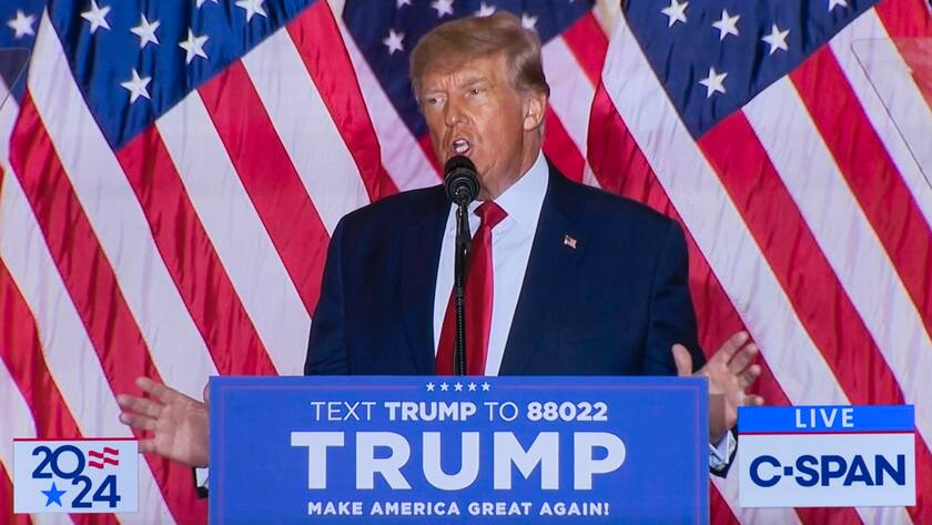 November 15, 2022, Palm Beach, Florida, USA - A screen grab of a C-SPAN broadcast from Mar-a-Lago as former President DONALD TRUMP announces his candidacy for President of the United States in 2024. Palm Beach U.S. - ZUMAce6_ 20221115_zaf_ce6_005 Copyright: xC-Spanx