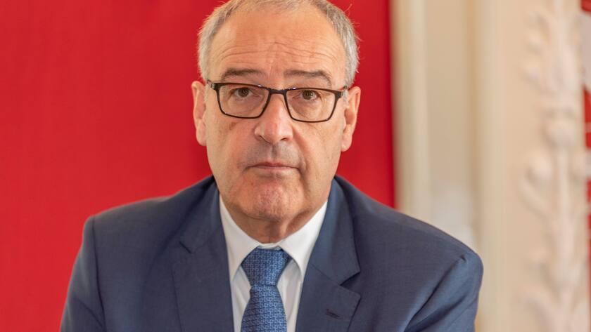 Switzerland: Press conference at the presidential dinner in Bern Guy Parmelin President of the Swiss Confederation explained the different agreements and the current situation of Switzerland in relation to its situation to trade partner which is the European Union and situation in the world. Bern Hotel Bellevue Palace Switzerland Copyright: EricxDubost