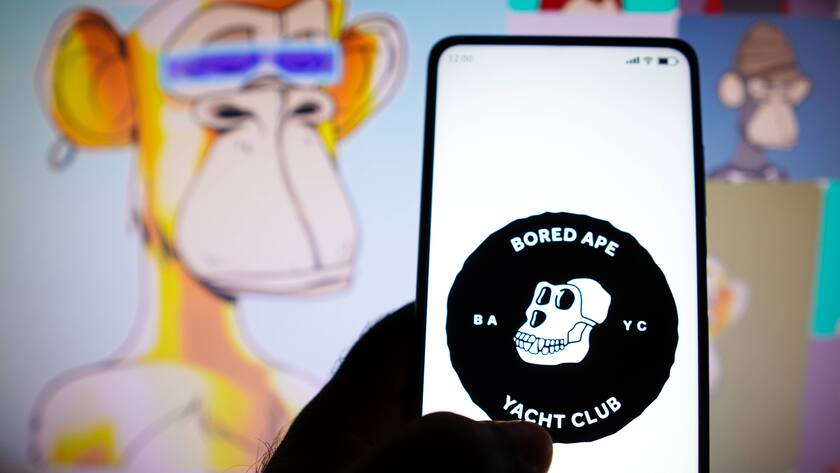 May 7, 2022, Brazil. In this photo illustration, the Bored Ape Yacht Club logo seen displayed on a smartphone.