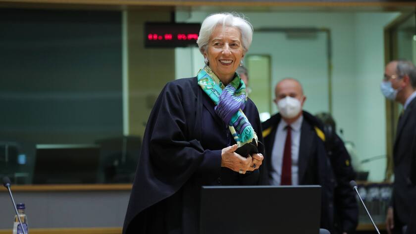 220315 -- BRUSSELS, March 15, 2022 -- European Central Bank ECB President Christine Lagarde attend a meeting of the Eurogroup in Brussels, Belgium, March 14, 2022. The Euro area will mitigate the impact of the Russia-Ukraine conflict on its economy by closely monitoring the situation and by promptly adjusting its fiscal policy if needed, said officials on Monday evening after a meeting of the Eurogroup.  BELGIUM-BRUSSELS-EUROGROUP MEETING ZhengxHuansong PUBLICATIONxNOTxINxCHN