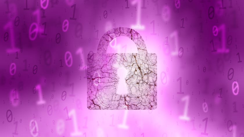Locked aged textured padlock on abstract violet colored scattered binary numbers background illustration.