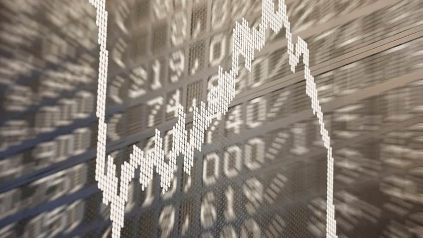 Fotomontage: Volatiler DAX-Chart in der Deutschen Börse in Frankfurt am Main *** Photomontage Volatile DAX Chart at the German Stock Exchange in Frankfurt am Main