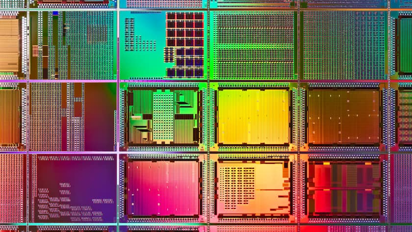 Multi Colored Computer Silicon Wafer Extreme Close-up Shot.