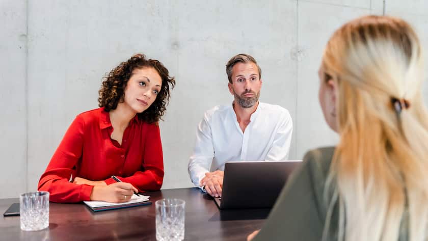 Businesswoman taking job interview of candidate in board room model released property released, DIGF16850