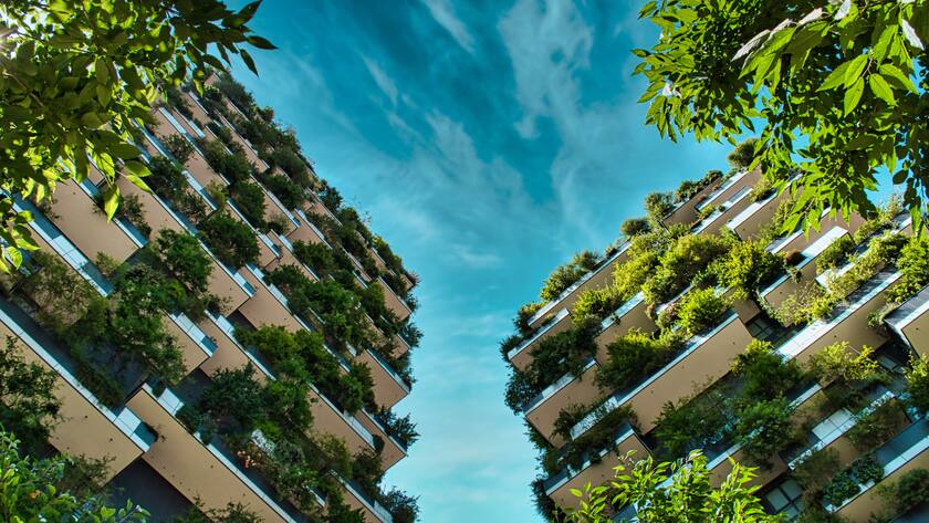 Milan, Italy, 06.29.2020: Vertical Forest (Bosco Verticale) Innovative Green House Skyscraper representing commitment to sustainable economy designed by Boeri Studio