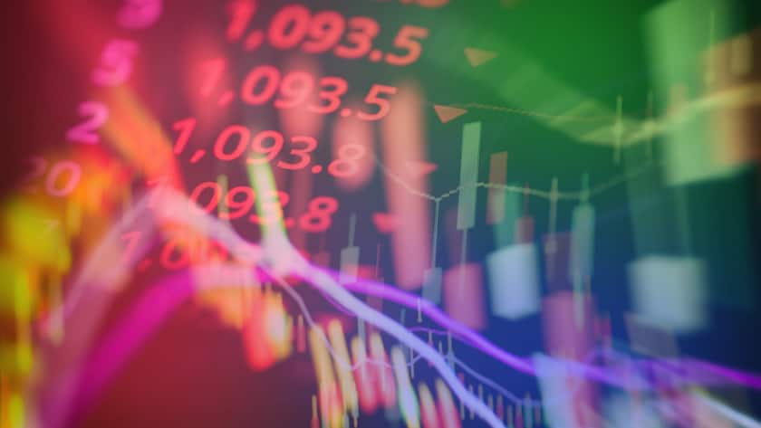 Stock market exchange or forex trading graph analysis investment indicator business graph charts of financial board display candlestick double exposure crisis stock crash red price chart fall money