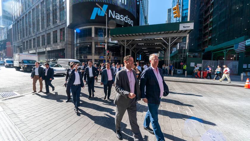 Arm on NASDAQ Employees of Arm at the Nasdaq stock exchange decorated for their initial public offering, in Times Square in New York on Thursday, Septmber 14, 2023.