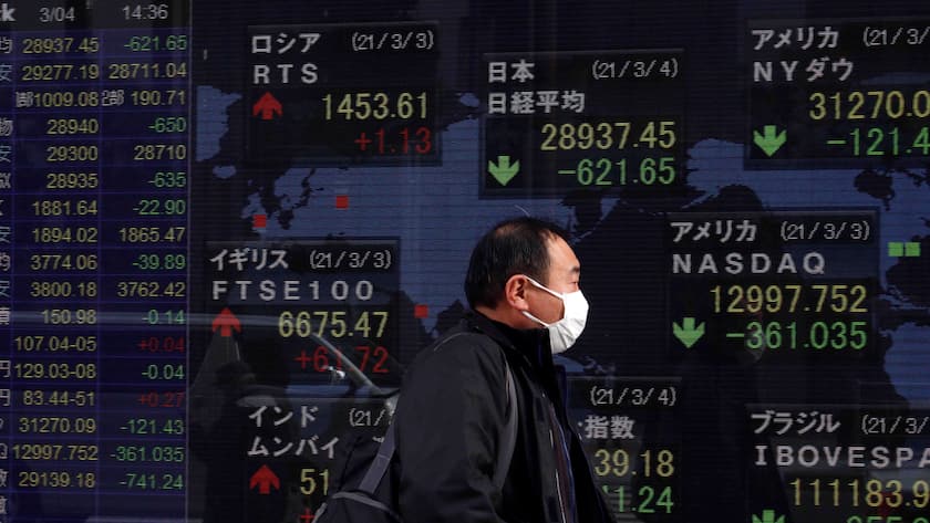 March 4, 2021, Tokyo, Japan: A man wearing a facemask walks past a stock quotation board at a brokerage in Tokyo..Japan s equity benchmark fell 2% on Thursday as investors continued to fret over rising U.S. Treasury yields, while other Asian stock markets also retreated. Tokyo Japan - ZUMAs197 20210304_zaa_s197_109 Copyright: xJamesxMatsumotox