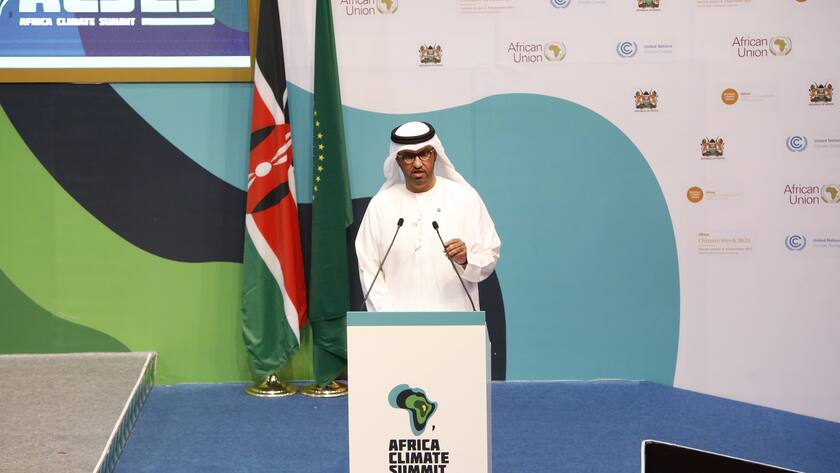 September 5, 2023, Nairobi, Kenya: COP28 President-designate Sultan Al Jaber speaks during day two of the Africa Climate Summit at the Kenyatta International Conference Centre in Nairobi. Nairobi Kenya - ZUMAs197 20230905_aaa_s197_056 Copyright: xJohnxOchiengx