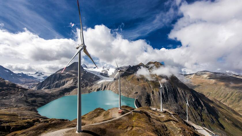 Wind turbines at the site of the highest wind park in Europe are pictured at the Griessee, near the Nufenenpass in the Swiss south Alpes, Valais, Switzerland, on September 23, 2016. The four wind turbines of this wind park were developed by the company SwissWinds GmbH and are inaugurated this Friday, September 30 2016. (KEYSTONE/Olivier Maire)