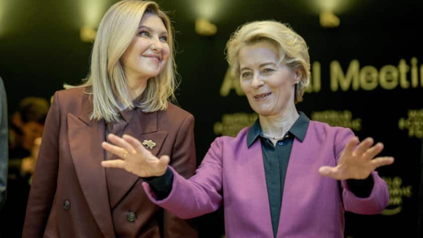First Lady of Ukraine Olena Zelenska, left, and EU Commission President Ursula von der Leyen attend a session at the World Economic Forum in Davos, Switzerland Tuesday, Jan. 17, 2023. The annual meeting of the World Economic Forum is taking place in Davos from Jan. 16 until Jan. 20, 2023. (AP Photo/Markus Schreiber)