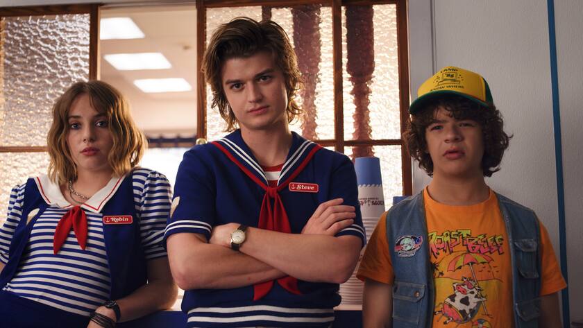 Editorial use only. No book cover usage.Mandatory Credit: Photo by Netflix/Kobal/REX (10340534aw)Maya Thurman Hawke as Robin, Joe Keery as Steve Harrington and Gaten Matarazzo as Dustin Henderson'Stranger Things' TV Show Season 3 - 2019When a young boy disappears, his mother, a police chief, and his friends must confront terrifying forces in order to get him back.