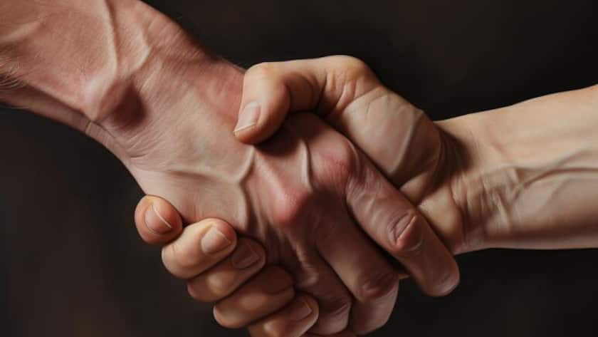 Dieses Bild wurde mit Midjourney kreeirt: Und prompt hat die Hand rechts sechs erkennbare Finger und ein paar Gequetschte.