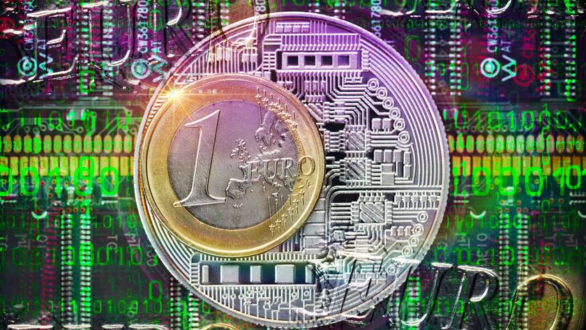FOTOMONTAGE, Ein-Euro-Münze und Binärcode, digitaler Euro *** PHOTOMONTAGE, One Euro coin and binary code, digital Euro