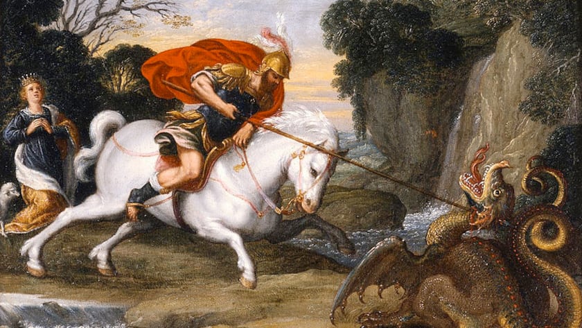 OHANN KÖNIG (1586 Nürnberg 1632) Der Heilige Georg und der Drache. Öl auf Kupfer. Unten rechts signiert: Jo: Konig. fc. 14,7 × 21,2 cm.